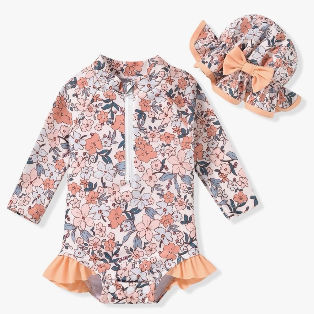 Aalizzwell Newborn Floral Rash Guard Swimsuit Hat Set NWOT Size 52